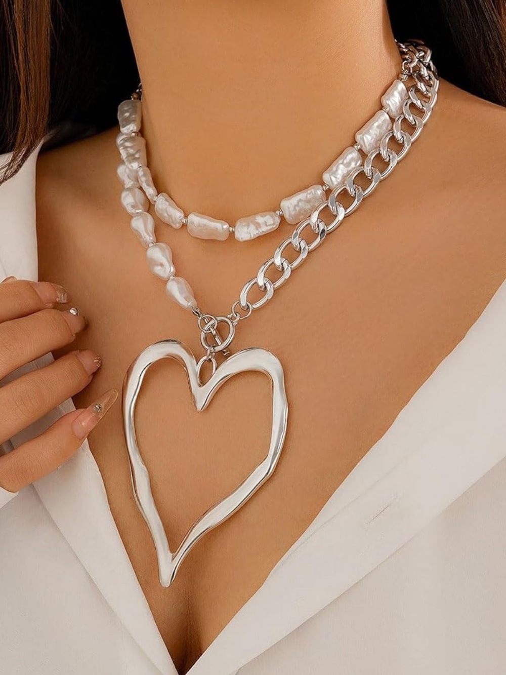 New Silver Heart Pendant Layered Pearl & Chain Necklace